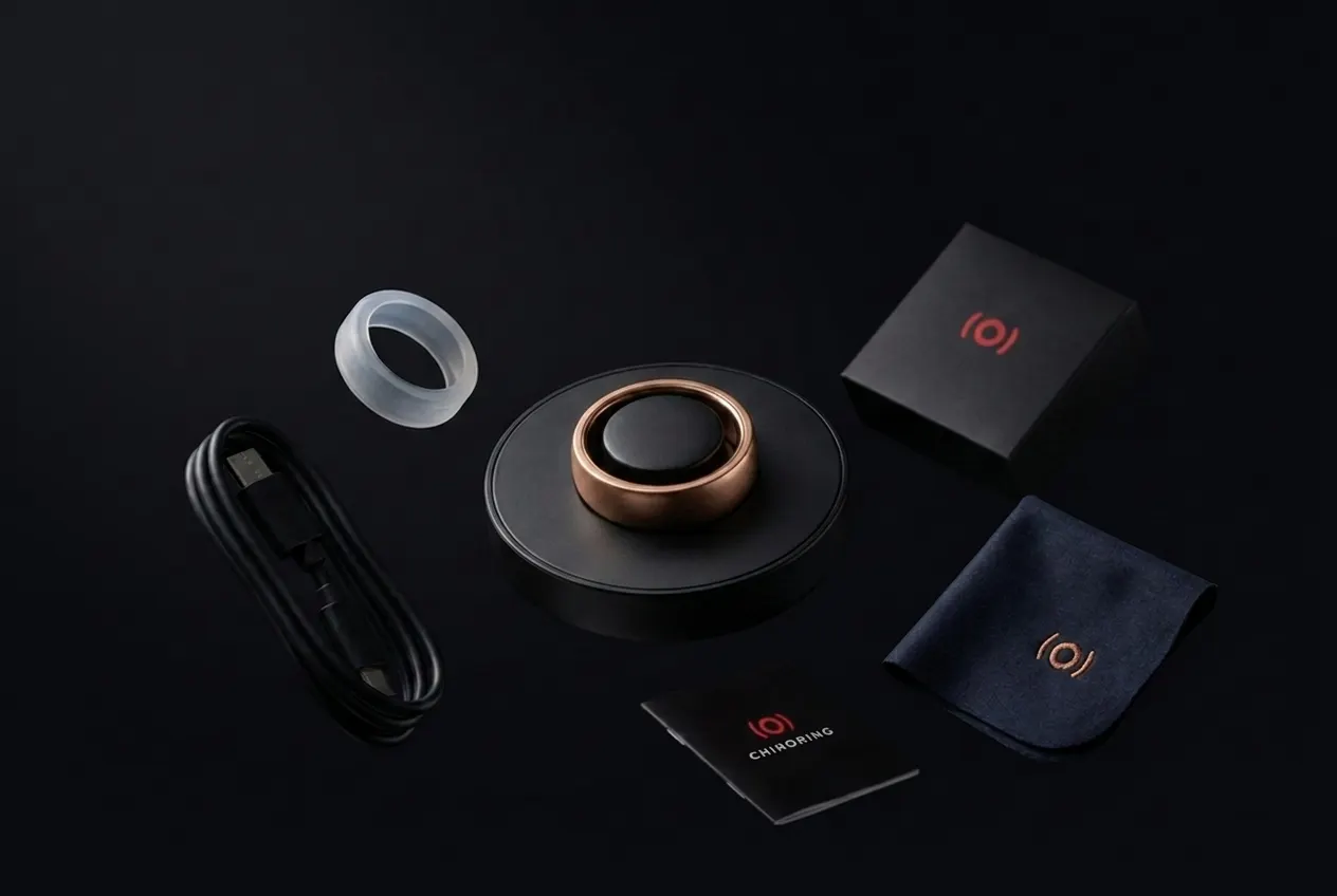 The ChiroRing kit laid out: the ring on its charger, sizing ring, cable, box, cloth and guide